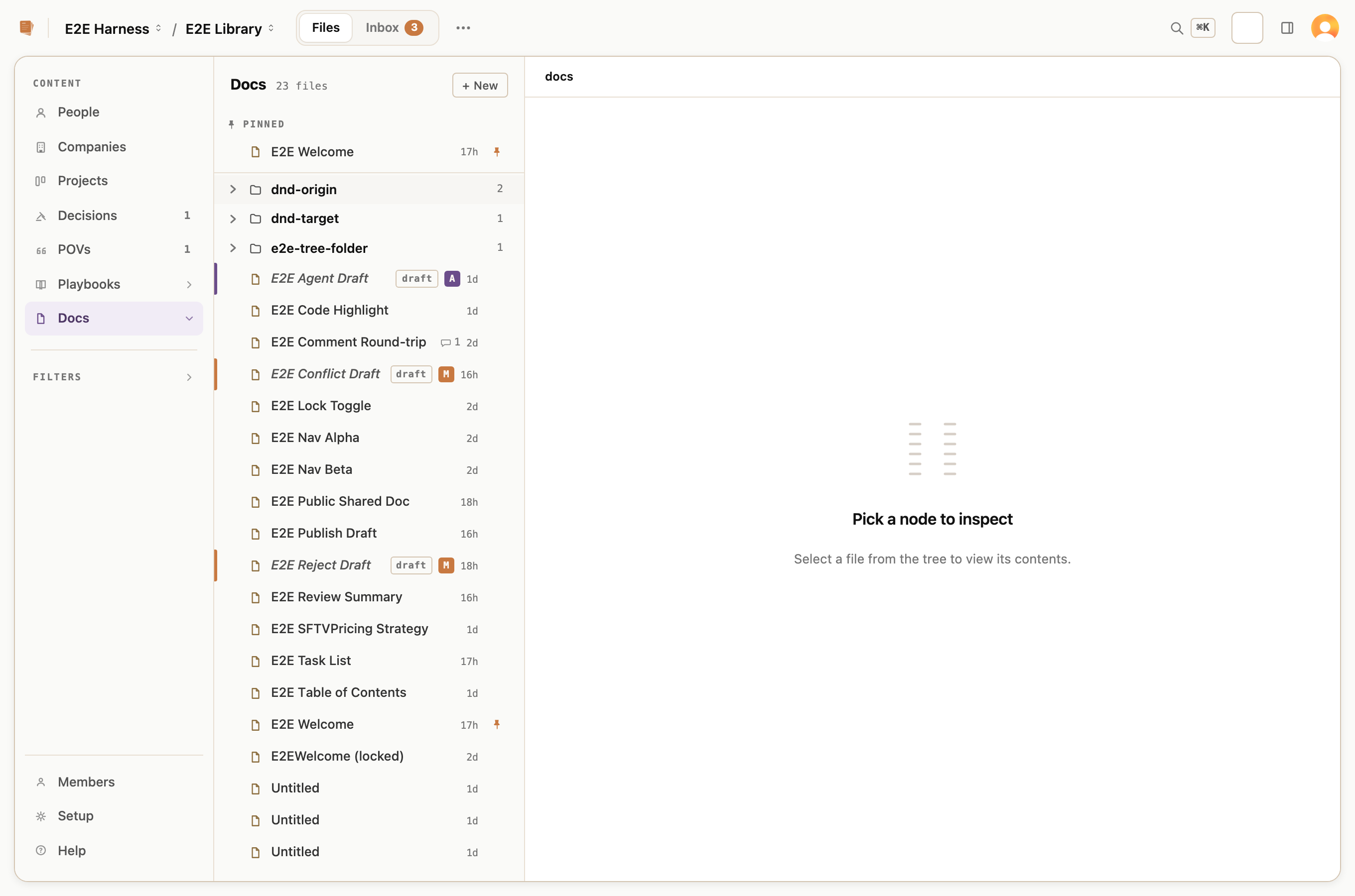 Patina files browser showing the context sidebar, a document tree with draft badges, and a detail pane.