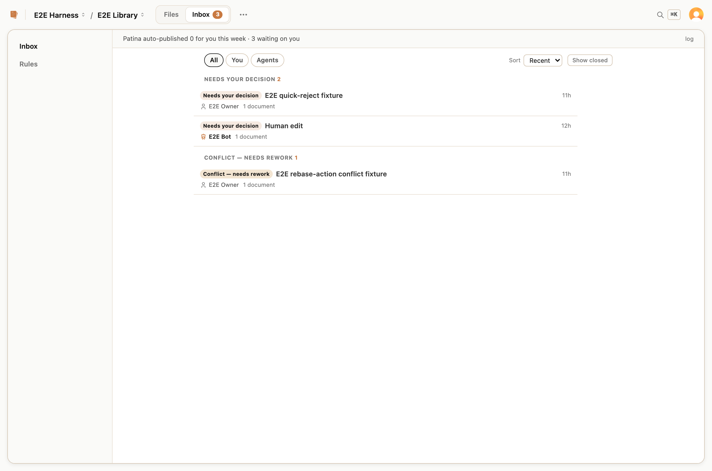 Patina review inbox listing changes that need a decision, with human and agent submitters.