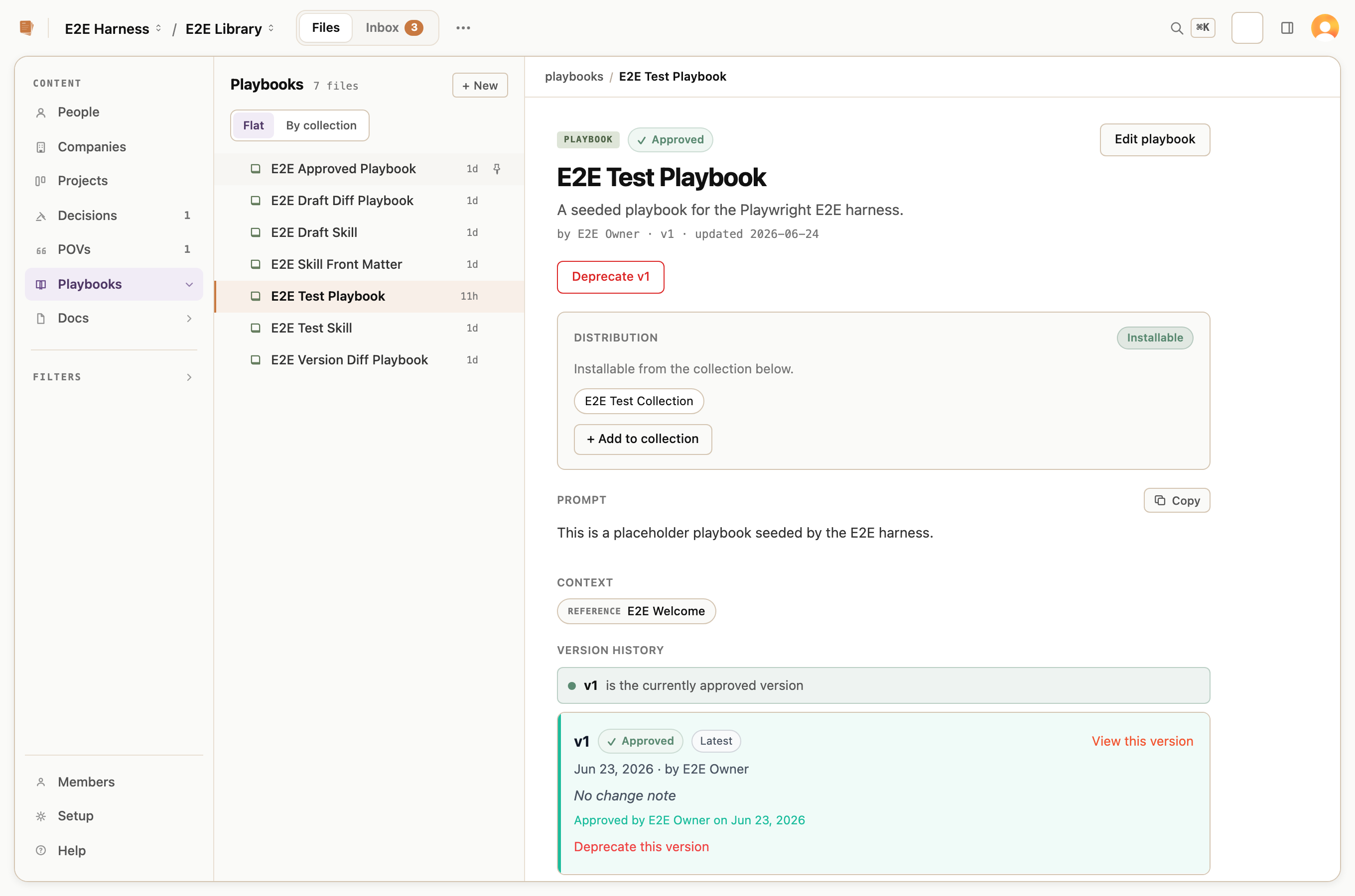Patina playbook detail view showing approval status, attached context, the prompt, and version history.